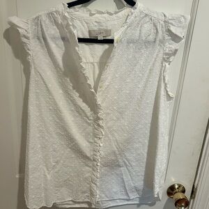 LOFT White Textured Ruffle Blouse